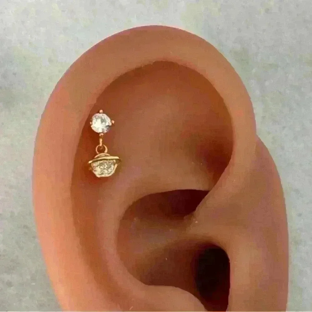Gold Crystal Saturn Dangle Cartilage Earring - Picture 1 of 5